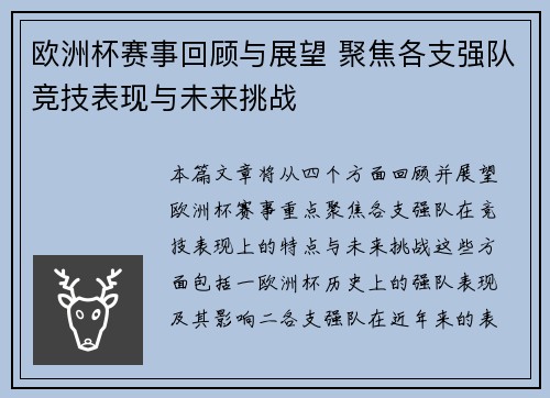 欧洲杯赛事回顾与展望 聚焦各支强队竞技表现与未来挑战