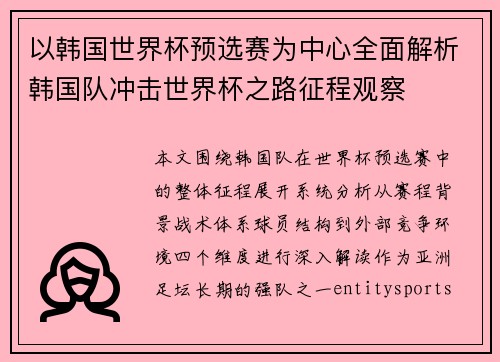 以韩国世界杯预选赛为中心全面解析韩国队冲击世界杯之路征程观察