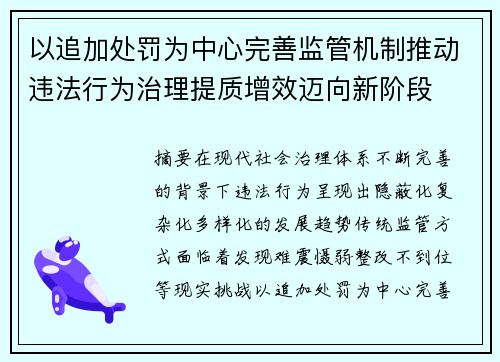 以追加处罚为中心完善监管机制推动违法行为治理提质增效迈向新阶段